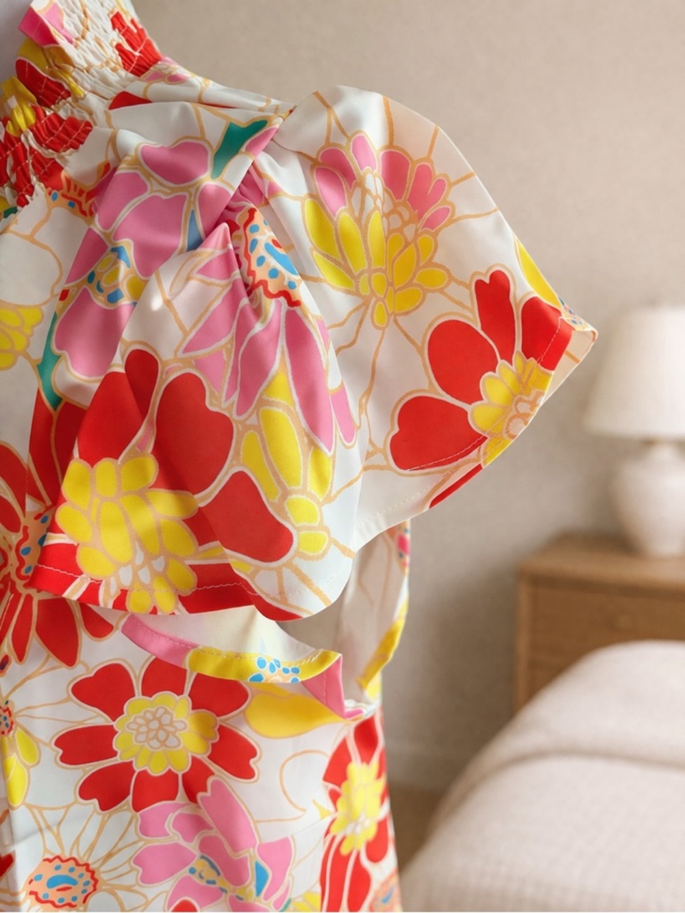 Floral Ruffle Sleeve High-Neck Top - White/Red/Yellow - Picture 2 of 3